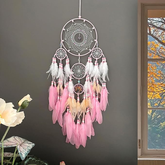 Large Dream Catchers, Boho Handmade Native Macrame Dream Catchers Wall Hanging for Bedroom Living Room Wedding Party Decor, Festival Blessing Craft Gift for Kids Boys Girls (Pink & White)
