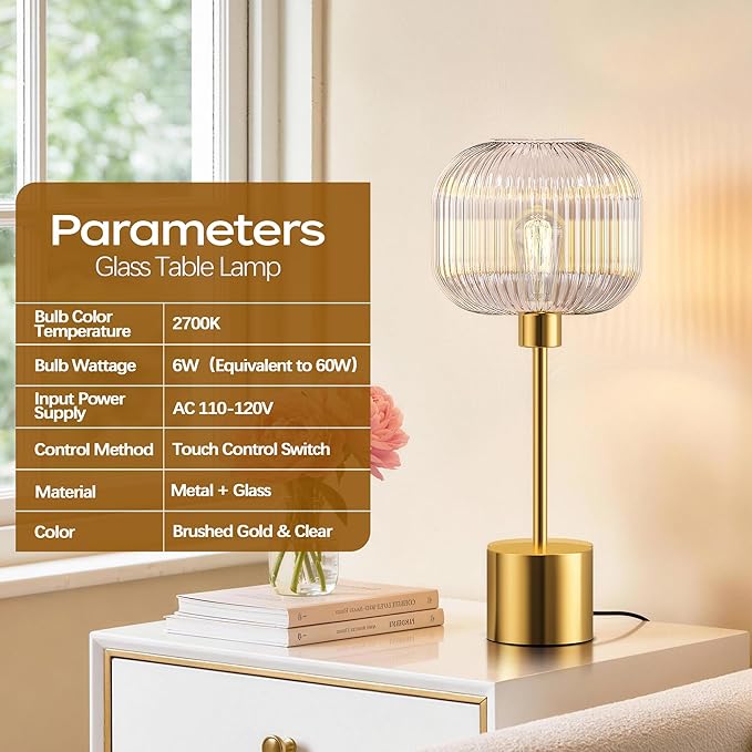 QiMH Glass Table Lamp for Living Room, Modern Bedside Lamp with Clear Ribbed Glass Shade, 3-Way Dimmable Touch Control Nightstand Lamp for Bedroom, Brushed Gold (2700K LED Bulb Included)