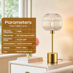QiMH Glass Table Lamp for Living Room, Modern Bedside Lamp with Clear Ribbed Glass Shade, 3-Way Dimmable Touch Control Nightstand Lamp for Bedroom, Brushed Gold (2700K LED Bulb Included)