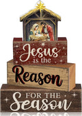 Moucuny 4 Pcs Christmas Table Decoration Christian Wooden Stacked Block, Jesus is the Reason for the Season Signs with Nativity Scene, Rustic Religious Christmas Tiered Tray Decor for Home Church