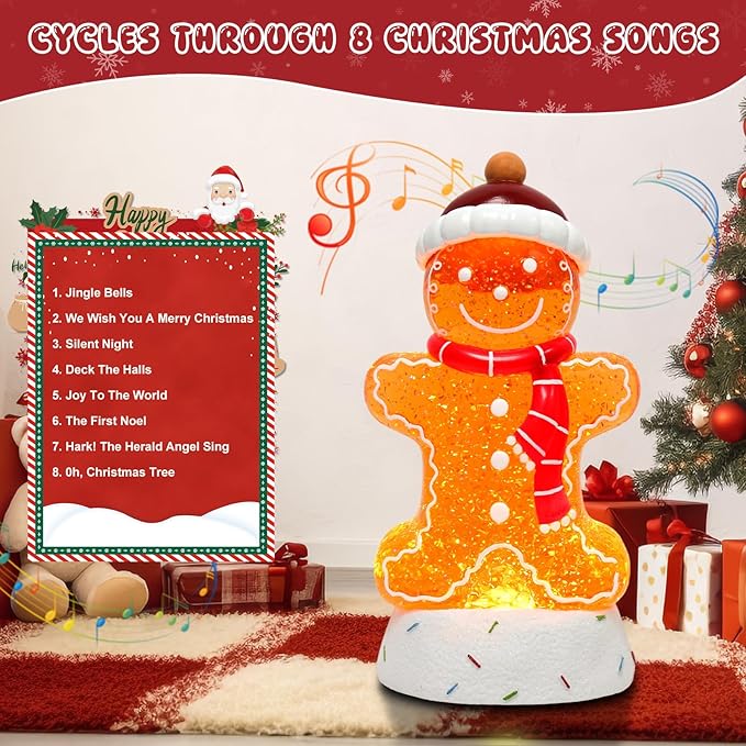Gingerbread Christmas Snow Globe Lantern with 8 Music Songs & 6H Timer Water Snow Globe Lantern USB & Battery Operated for Christmas Festival Decorations Gifts (Gingerbread)