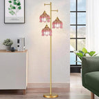 QIYIZM Pink Floor Lamp for Living Room,Bedroom,Gold Mid Century Modern Standing Lamp Brass Tree 3 Light Tall Floor Lamps Vintage Retro Floor Lights Glass Flower Lamp Shade Girls Kids Boho Bohemian