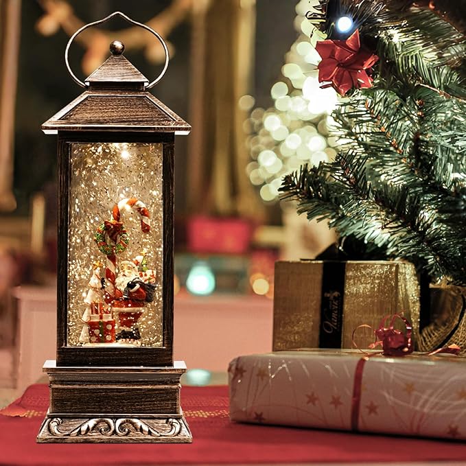 12" Christmas Snow Globe Lantern with Santa Claus - Water Glittering LED Light Lantern with Music - Vintage Xmas Angle Gift - USB Plug or Battery Operated Home Decor