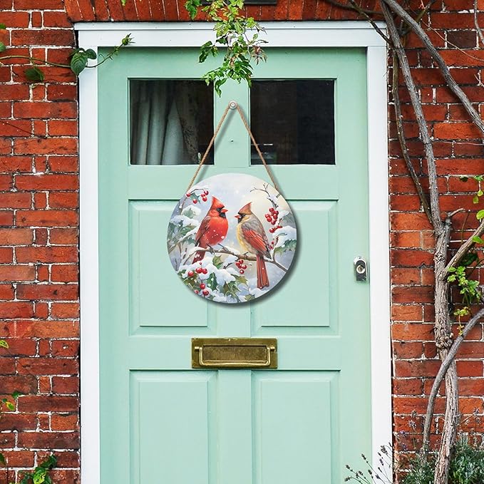 Harooni Winter Welcome Sign for Front Door, Cardinal Bird Wood Door Hanger for Outdoor Outside Porch, Christmas Cardinal Round Hanging Signs Holiday Decorations for Home Wall Porch Yard Farmhouse