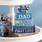 Lineshading 4 Pcs Fathers Day Table Decorations Wooden Blue Heart Trophy Decor Happy Father's Centerpieces Gifts for Dad from Daughter Son Fathers Day Decoration for Home Shelf Indoor Party Decoration
