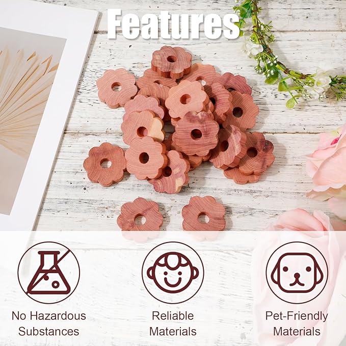 24pcs Cedar Chips for Clothes Storage, 1.77x0.31in Cedar Rings Wood Cedar Blocks Redolent Cedar Rings for Houses Drawers Closets Shoebox Clothes Storage