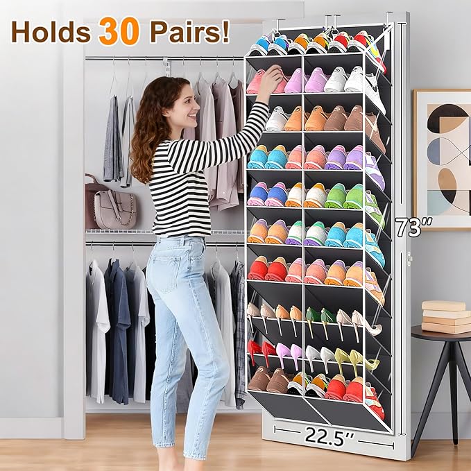 20-30 Pairs Over the Door Shoe Organizer, Clear Pockets Hanging Shoe Storage for Closet, 10-Tier Door Shoes Rack, Handing Shoes Holder Fit All the Family's Sneakers, Boots, Heels, Dark Grey