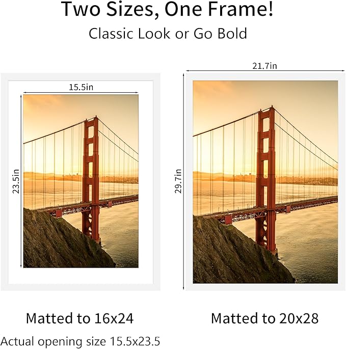 20x28 Picture Frame White Set of 3, Display Pictures 16x24 with Mat or 20 x 28 Without Mat, Poster Frames 20x28 for Wall Hanging Horizontal and Vertical