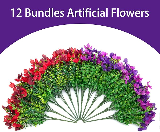 Artificial Flowers for Outdoors Spring Summer Decoration, 12 Bundles Fake Silk Colorful Daisy Eucalyptus Realistic UV Resistant for Outside Home Planter Porch Yard Decor (Purple Red Brown)