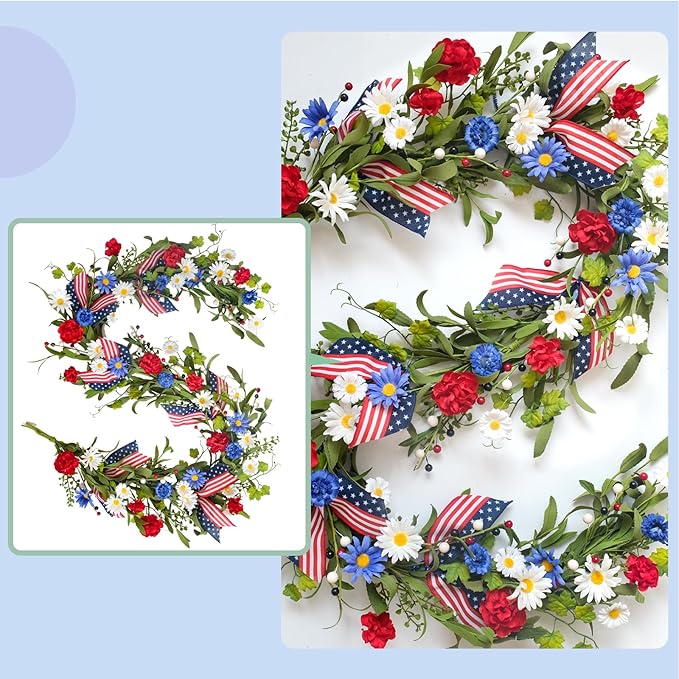 5.9Ft Artificial 4th of July Garland Wreath -Patriotic Garland with Red, White & Blue Daisies, Green Leaves, Berries & Flag Bow for Wall Table Independence Day Memorial Day Indoor/Outdoor
