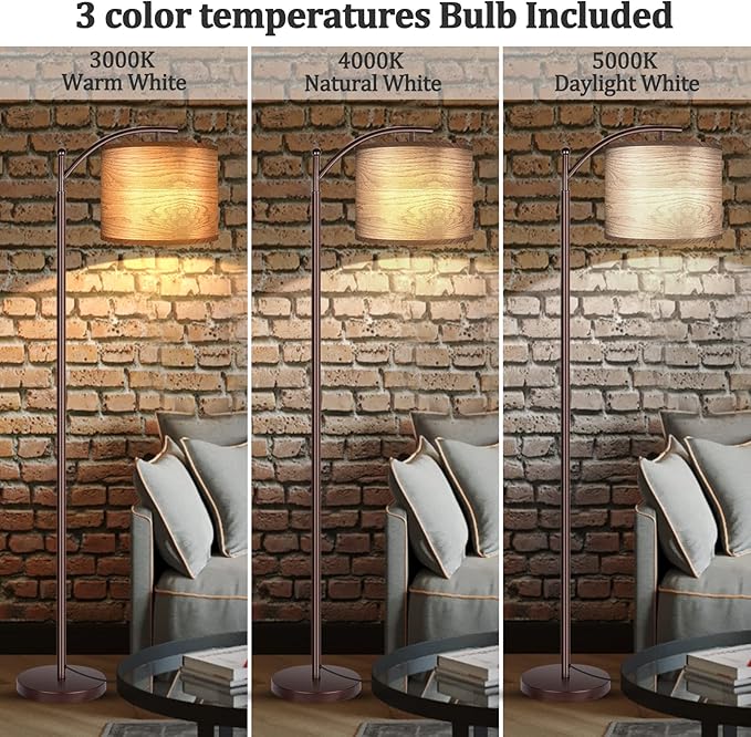 Floor Lamp for Living Room, LED Standing Lamp Tall Industrial Floor Lamp Reading for Bedroom, Office (9W LED Bulb, Wood Grain Lampshade Included) - Oil-Rubbed Bronze