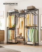 SONGMICS Heavy-Duty Clothes Rack, Garment Rack, Portable Closet, 56.9-Inch Wide Clothing Rack, with Adjustable Mesh Shelves and Hanging Rails, Ink Black ULGR432B01