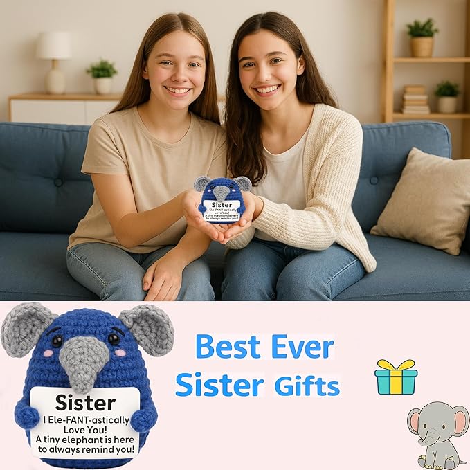 Funny Sister Gifts, Handmade Crochet Elephant Doll, Cute Emotional Support Animal Gift for Sister Bestie, Inspirational Love You Gift, Birthday Idea