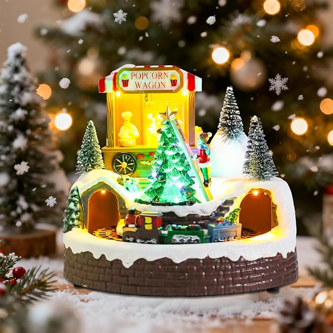 WONDER GARDEN Christmas Village Houses-Christmas Houses Village - Lighted Colorful Musical Popcorn Wagon Collectible Buildings with Moving Train for Home Indoor Decor or Gift