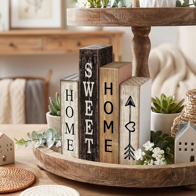 Lineshading 4 Pcs Farmhouse Table Decor Wooden Books Home Sweet Home Tiered Tray Decor Rustic Wood Block Sign Housewarming Gifts Neutral Centerpiece Farmhouse Stacked Decoration for Shelf Mantle