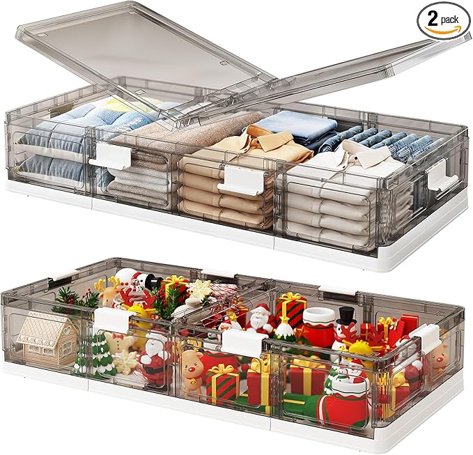 Kitstorack Plastic Under Bed Storage Containers,2 Pack Underbed Storage with Wheels,Foldable and Stackable Under Bed Organizer,Moisture and Dust-proof Storage Boxes for Clothes Shoes,13.6 Gal