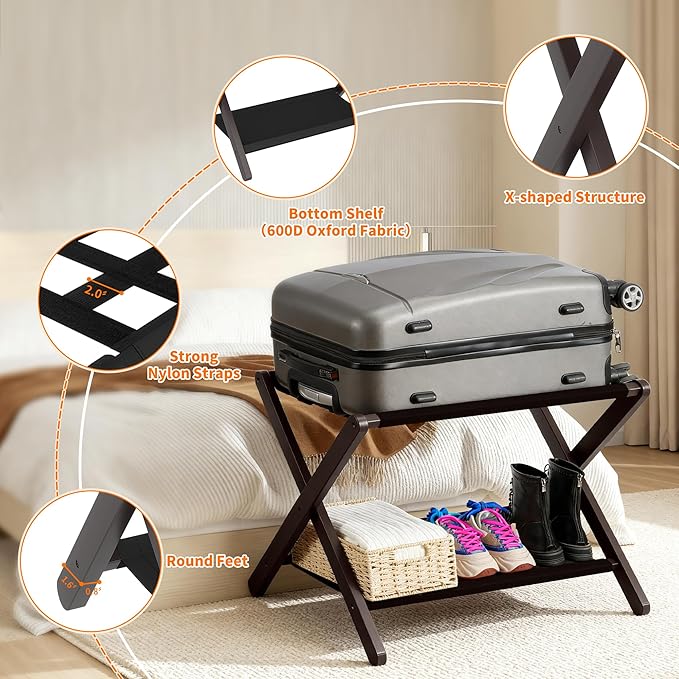 Heybly Luggage Rack, Pack of 2, Folding Suitcase Stand with Storage Shelf, Heavy-Duty Luggage Holder for Guest Room Bedroom Hotel, Holds up to 165 lb, Black, HLR010Z2