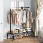 Rolling Clothes Rack Metal Clothing Rack with Wheels Garment Rack with Bottom Shelf for Hanging Clothes Shirts Jeans and Coats Black