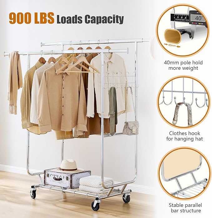 Heavy Duty Clothes Rack Load 900 Lbs, Double Rod Rolling Clothing Rack With Sturdy Wheel And Shelves，Adjustable Portable Hanging Rack For Clothes,Silver Stainless Steel