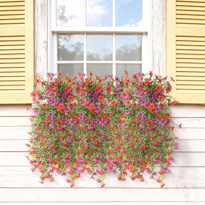 Artificial Hanging Flowers for Outdoors, 2 Pcs Fake Hanging Plant Spring Summer Decor, UV Resistant No Fade Realistic Faux Flower for Front Door Porch Planter Patio Garden Yard(Red Purple)