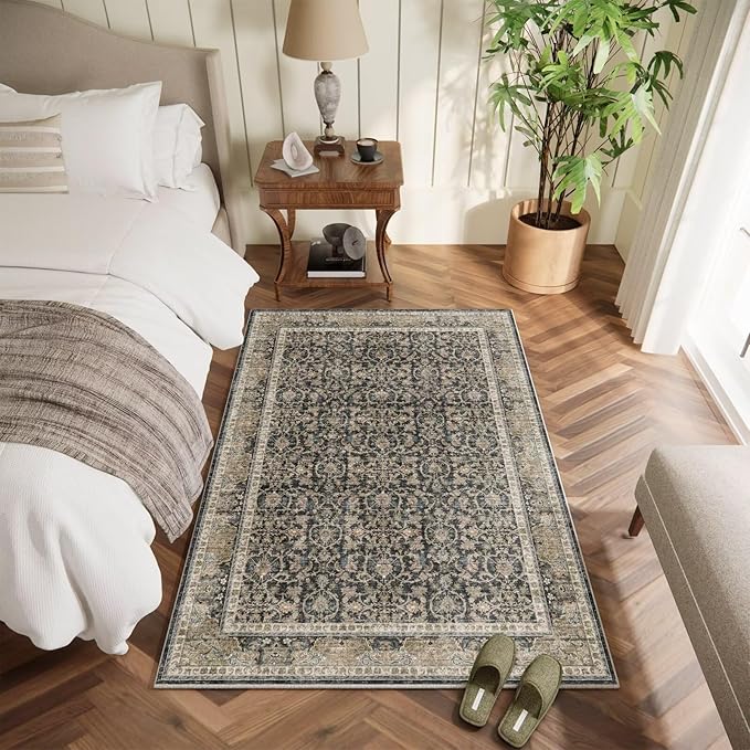 Washable 2x3 Entryway Rug, Boho Non-Slip Door Mat Vintage Distress Small Rugs for Kitchen Nursery Office Bedroom, 0.3" Neutral Oriental Throw Carpet with Cushioning Pad,Beige/Rust/Green/Multi