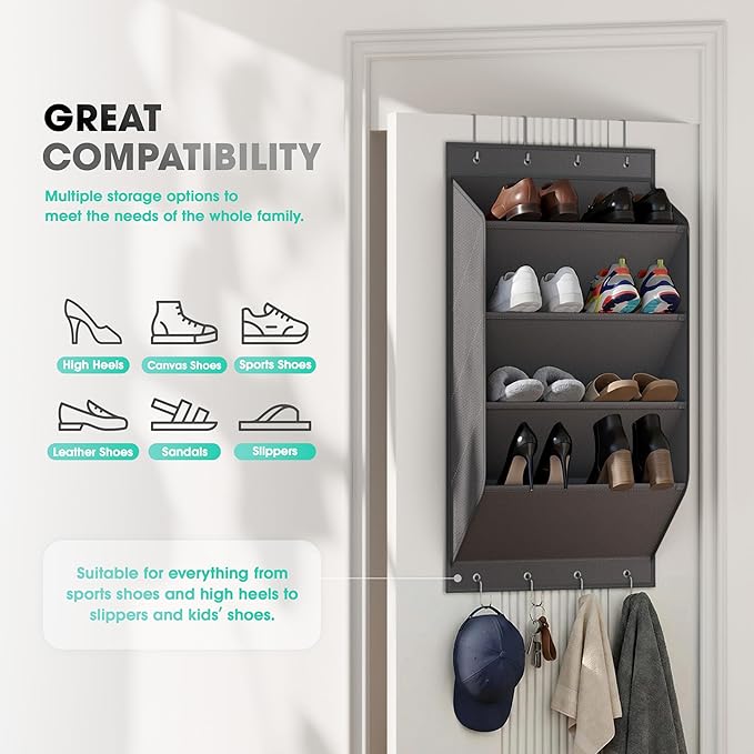 WVM Over The Door Shoe Organizer with Large Deep Pockets, Hanging Closet Shoe Rack for Large Shoes, Boots, Multifunctional Entryway Door Hanger with Hooks