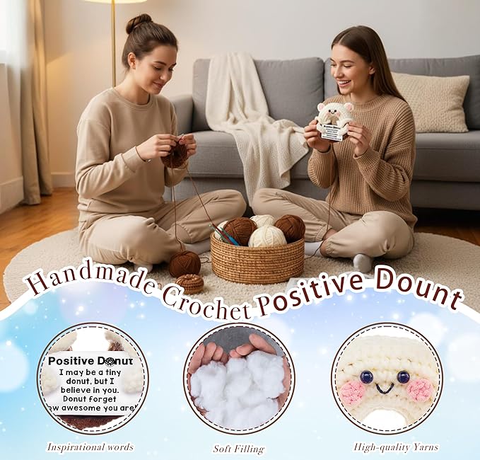 Funny Positive Crochet Donut,Emotional Support Donuts Themed Gift,cute Stuffed Animals Plush,Birthday Gifts for Women,friends (White Donut)