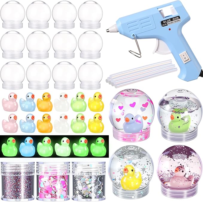 12 Sets DIY Duck Snow Globe Kit for Kids, 12 Globe Bottles, Glow in The Dark Duck Figurines, Glitter Sequins & Mini Hot Glue Gun, Summer Fun Craft Activity Set, Birthday Party Favor Gift