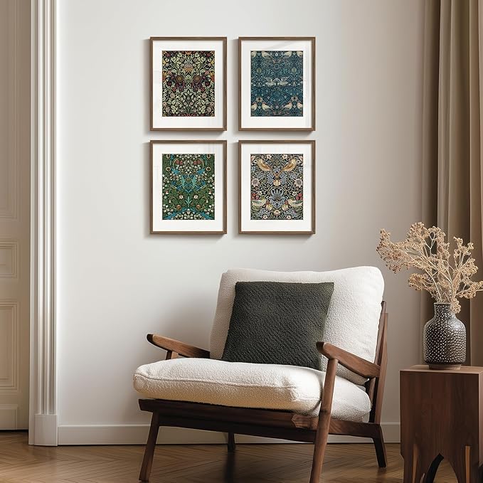 Framed William Morris Canvas Wall Art, 4 Piece Vintage Botanical Floral Bird Wall Art Decor, Retro Strawberry Thief Painting Artwork for Living Room, Bedroom, Bathroom, Office, Dining Room, 8x10