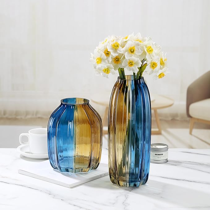 Christmas Flower Glass Vase Blue Gold Two-Toned Floreros Unique Decorative Vase 8.0" Vases Decorations for Centerpieces, Home Decor,Bouquet,Holiday Table