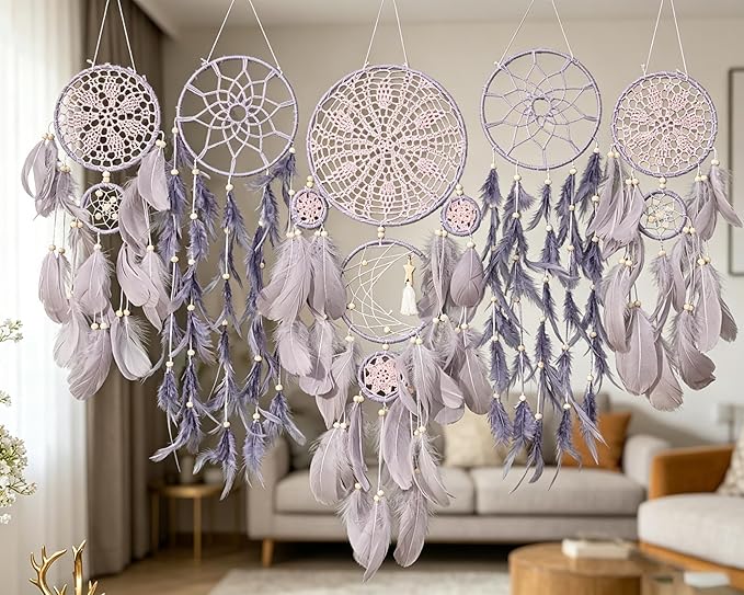 Set of 5 Boho, Hanging Large Boho Dream Catcher Wall Hanging Moon Dream Catcher Set Dream Catchers Wall Decor for Vintage Wedding Home Decorations (Flower Color)