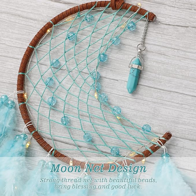 Dremisland Moon Dream Catcher with Fairy Lights-Handmade Feather Lucky Turquoise Pendant Beads Wall Hanging Ornament for Kids Bedroom Home Decoration,Art Craft Gift. (Sky Blue)