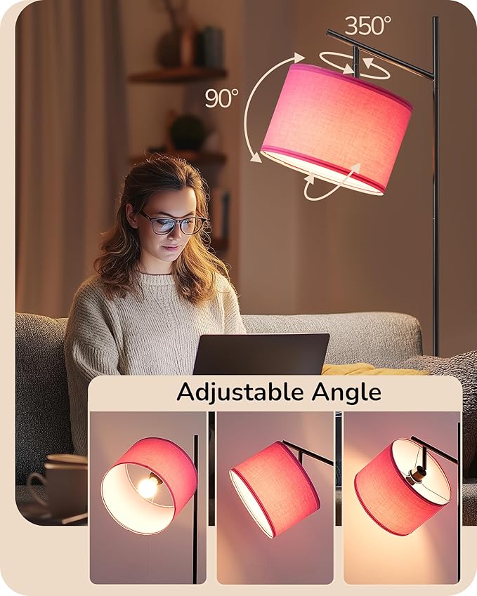 EDISHINE Modern Floor Lamps for Living Room, 64.7" Minimalist Standing Lamp with 3 Color Temperatures Bulb & Adjustable Linen Shade, Foot Pedal Switch, Arc Tall Lamp for Office Bedroom, Pink