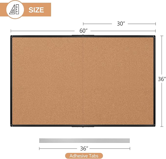 Extra Large Cork Bulletin Board 60" X 36", Foldable Notice Pin Board for Wall, Black Aluminum Framed 5'x3' Corkboard, Wall Mounted Noticeboard with 36 Push Pins for School, Home & Office