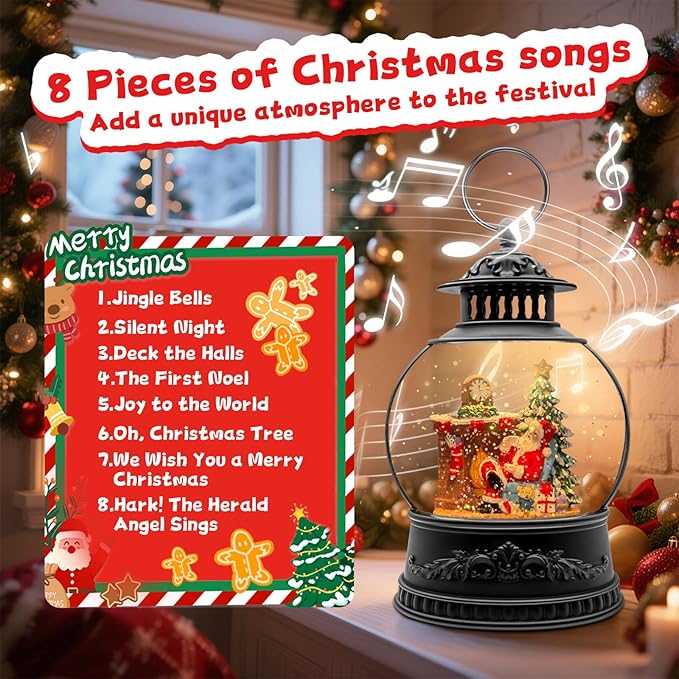 Christmas Snow Globe, Christmas Decorations Indoor, Glittering Santa Snow Scene with Music and 6H Timer, USB Lined/Battery Operated, Christmas Lantern for Holiday Decorations, Tabletop Decor for Home