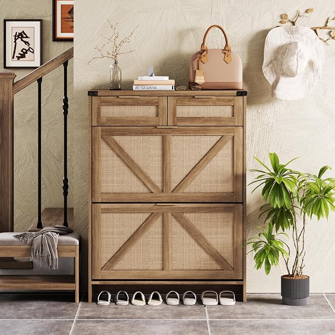 Shoe Cabinet with 2 Flip Drawers & 2 Drawers,Farmhouse Shoe Storage Cabinet for Entryway,Slim Freestanding Narrow Organizer Rack for Front Door Entrance,Rustic Oak Rattan