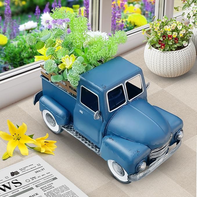 Farmhouse Blue Metal Truck Decor, Vintage Trucks Planter ,Decorative Rustic Pickup Farm Tabletop Storage Table Centerpiece for Office , Desk, Country Style Home & Kitchen Shelf Garden Decoration