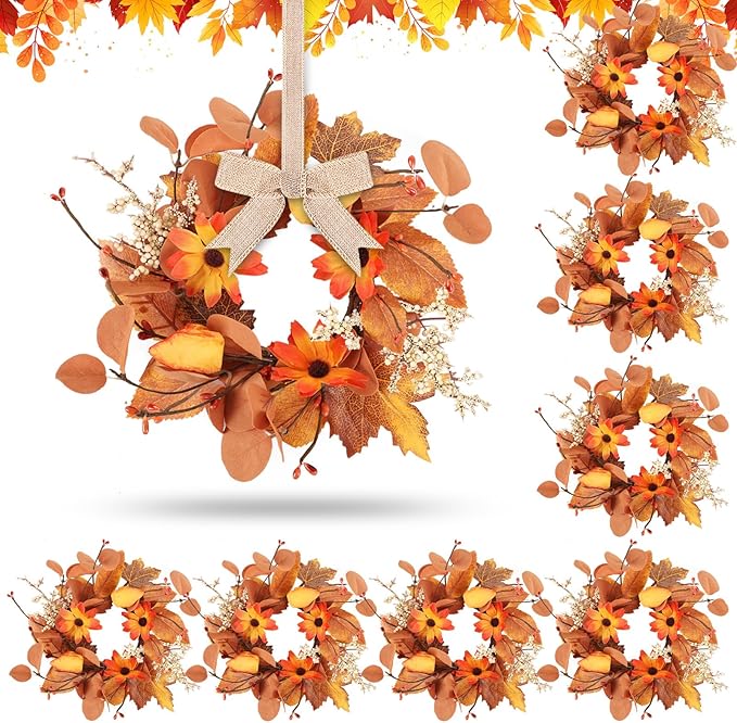 8 Pcs 3 Inch Fall Floral Wreaths Autumn Harvest Sunflowers Pumpkins Leaves Berries Hanging Candle Rings Wreath Mini Thanksgiving Table Centerpiece Wreath for Pillar Cabinets Farmhouse Decoration
