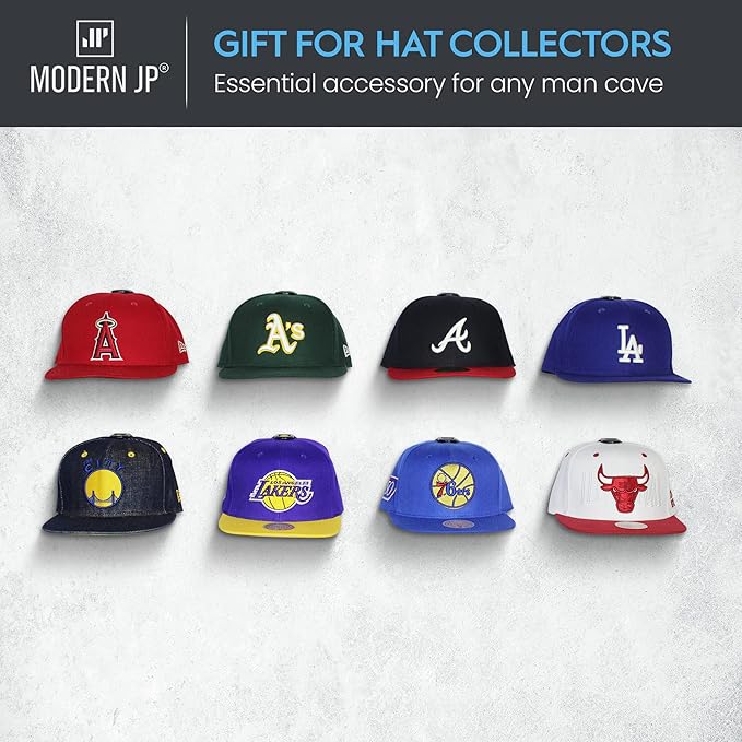 Modern JP Adhesive Hat Hooks for Wall (16-Pack) - Hat Rack for Baseball Caps, Minimalist Hat Display, Strong Hold Hat Hangers for Wall - USA Patented, Clear