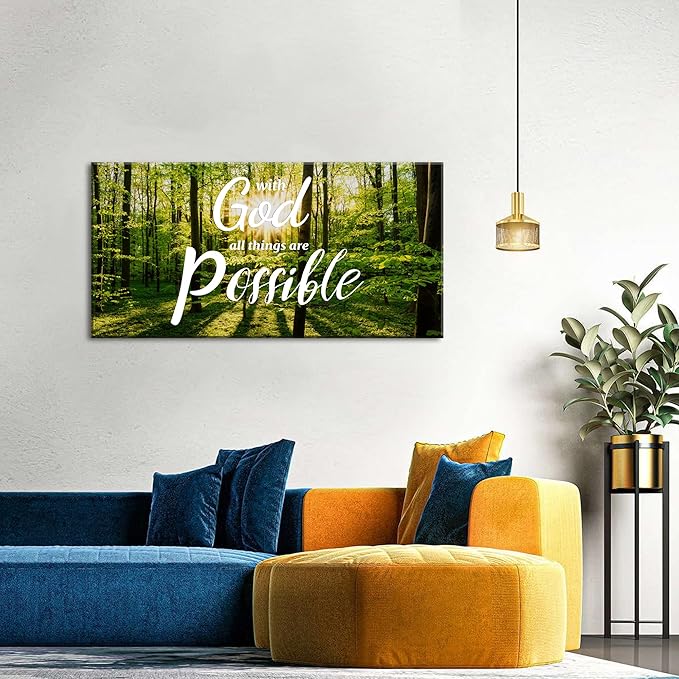 Christian Wall Art Nature Forest Pictures Wall Decor With God All Things are Possible Sign Canvas Prints Bible Scripture Poster Nature Religious Artwork for Living Room Bedroom Home Decoration 24x48"