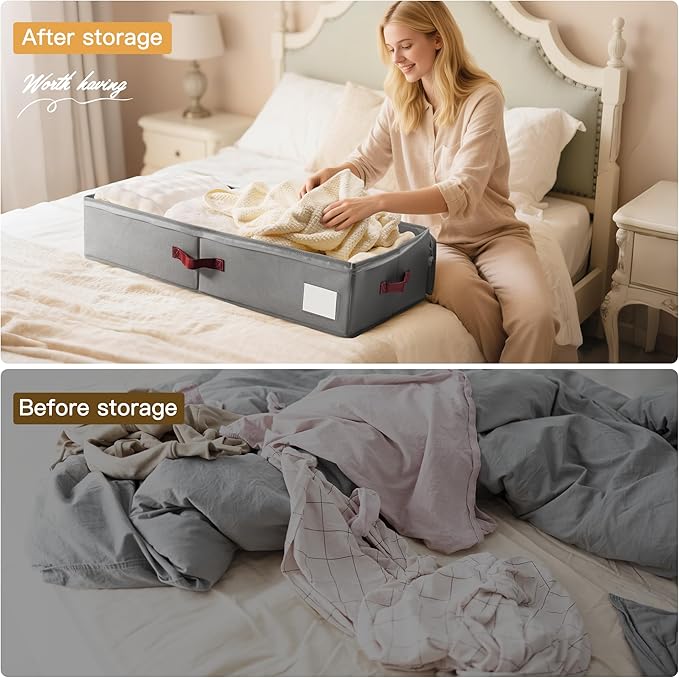 Criusia Under Bed Storage Bins with Clear PVC Lids – 4 Pack Large Underbed Organizers with Heavy-Duty Handles, Reinforced with 800G PP Panels & 80G Non-Woven Fabric – Waterproof & Foldable, Gery