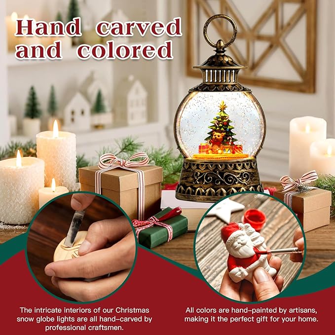Christmas Snow Globe, Gift Bear Musical Snow Globe Lantern Lights with 6H Timer Battery & USB Powered, Retro Style Holiday Glitter Globe for Xmas Home Decoration Holiday Party Gifts
