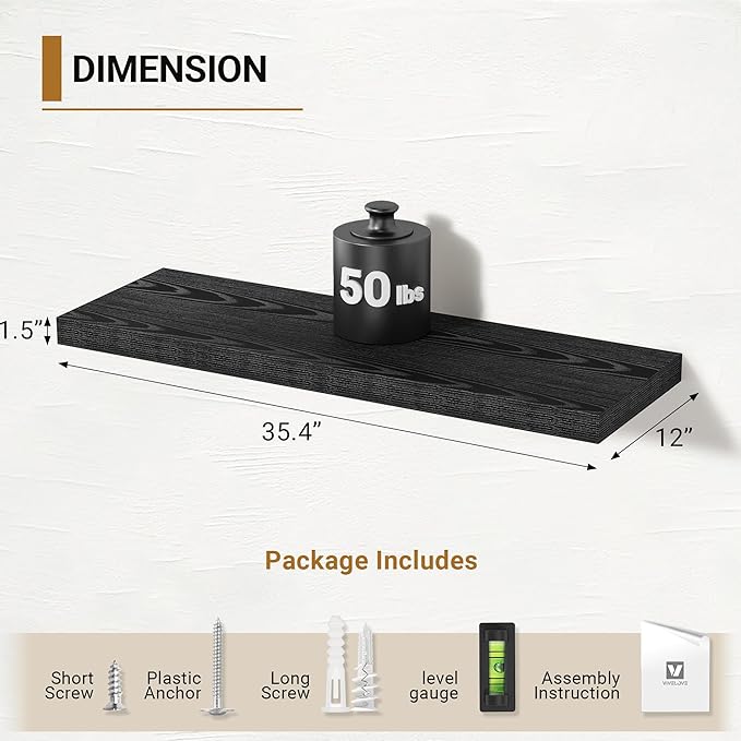 Vivelove Black Floating Shelves, 12" Deep Wall Shelves for Bedroom, Living Room, Kitchen, Office, Rustic Home Decor Shelf with Invisible Brackets, 36X12X1.5, Set of 2