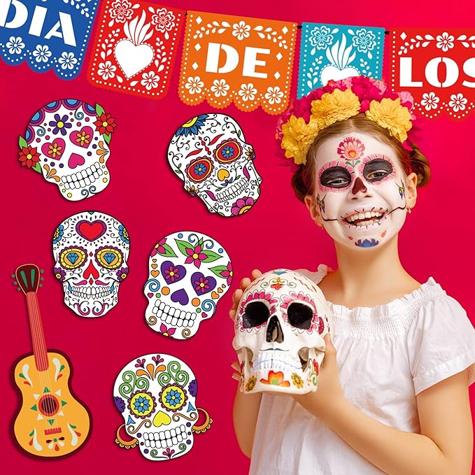 Day of The Dead Cutouts Sugar Skull Classroom Bulletin Board Decorations Colorful Skull Halloween Theme Party Supplies for Toddler Kids Students Classroom Decors