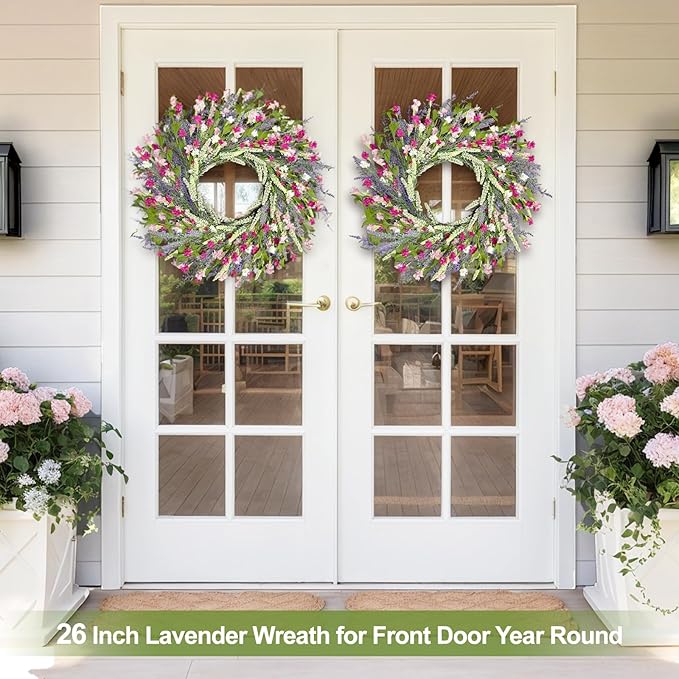 Artgar 26 Inch Spring Wreaths for Front Door, Spring Summer Lavender Paper Flower Wreaths for Home Farmhouse Windows Walls Porch Wedding Indoor Outdoor Decor for All Seasons (Pink)