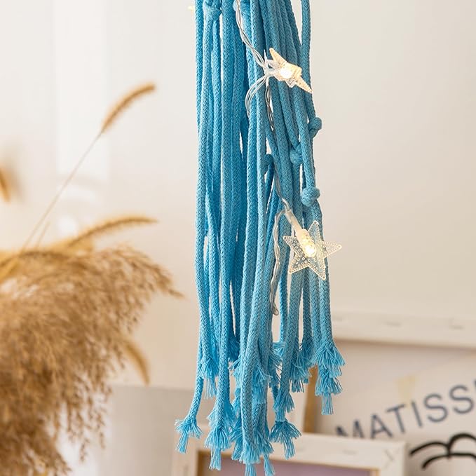Macrame Wall Hanging,Jellyfish Dream Catcher with Star Lights,Bohemian Woven Wall Art Decor Beautiful Apartment Dorm Room Door Decoration (Blue)