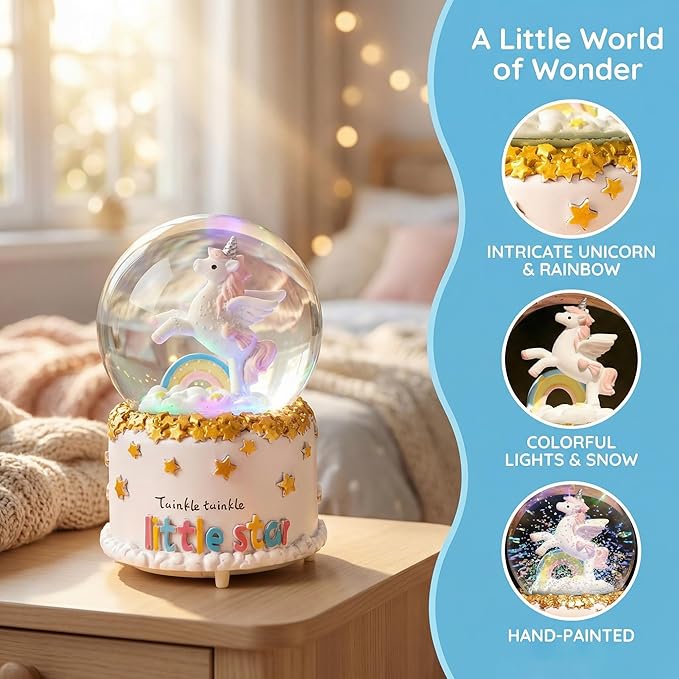 Unicorn Snow Globe for Kids, Musical Snowball with Colorful Lights Automatic Snowfall, for Girl Boy Christmas Birthday Ideal Choice, 3.5x5inch Music Box