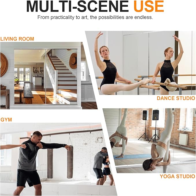 Delma Home Gym Mirror,54''x28''x2PCS Silver,Large Full Body Tempered Glass Frameless, Wall-Mounted for Gym, Yoga, Garage, Bedroom, Bathroom
