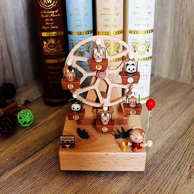 Natural Solid Wood Handcrafted Beech Wooden, Musical FigureTotoro/Carousel/Fairy/Ballerina Figurine,Rotating Hand Crank Mechanism Music Box,Musical Decorations (Skywheel)