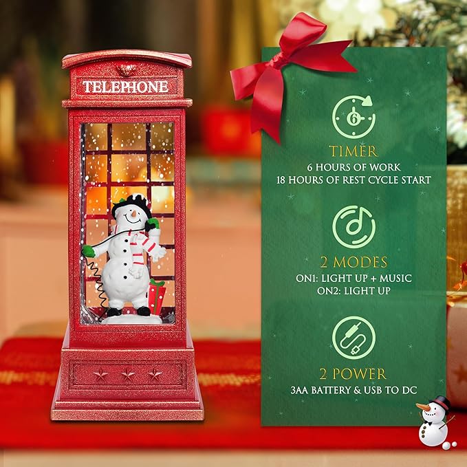 Large Snow Globes, Snowman Christmas Lantern,Glitter Vintage Phone Booth, 8 Songs, 6H Timer Battery & USB Powered, Music Box for Christmas Table Decorations